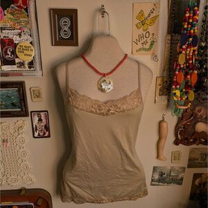 Strappy Lace Trim Tank Top Women's Fitted Medium Solid Beige